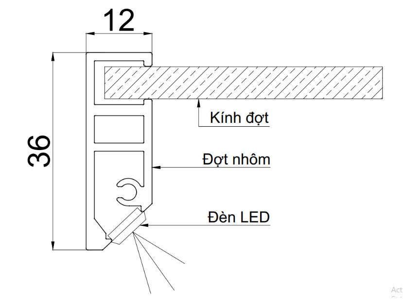 đợt nhôm kính có gắn đèn led bản nhôm 12*36