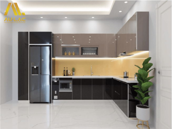 tủ bếp cánh kính khung nhôm kính tràn viền